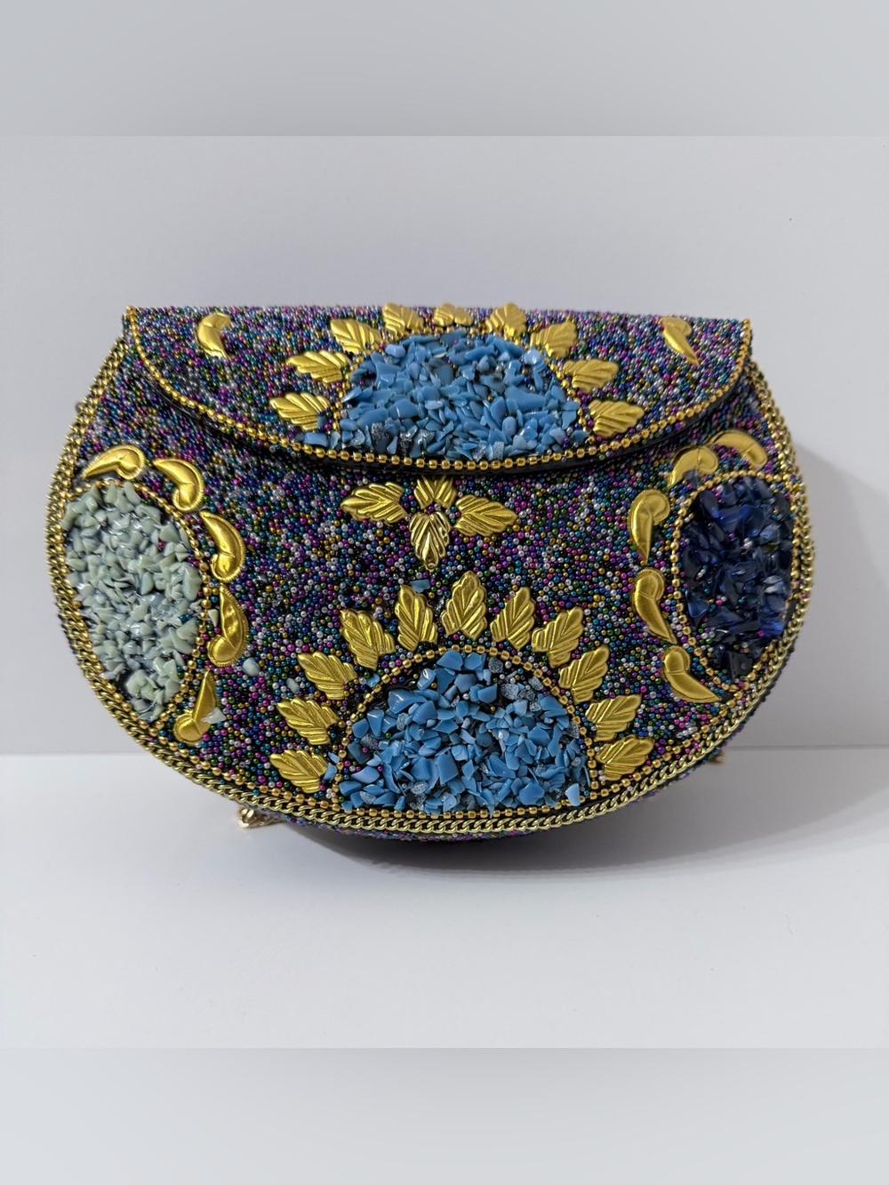 Ramla Moroccan Handmade Beaded Mosaic Half Moon Crossbody Evening Clutch Bag